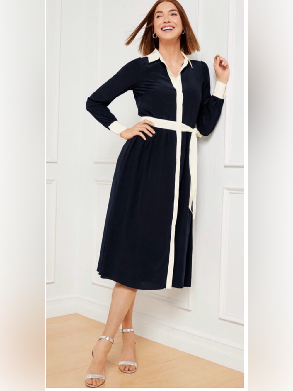 NWT TALBOTS NAVY WHITE TIPPED FIT & FLARE SHIRTDRESS DRESS SZ 16